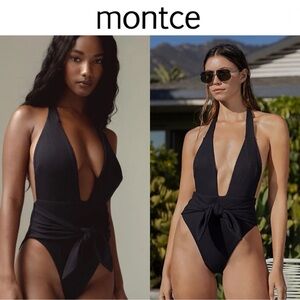 MONTCE Tie Waist Halter Rib Tropez Tie-Up One-Piece, Black Sz S $218 NWT